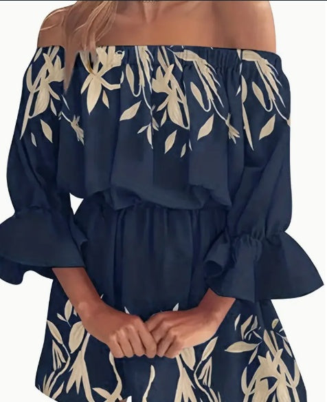 Stilla | Boho kjole med bladdesign og skulderfri design Mode