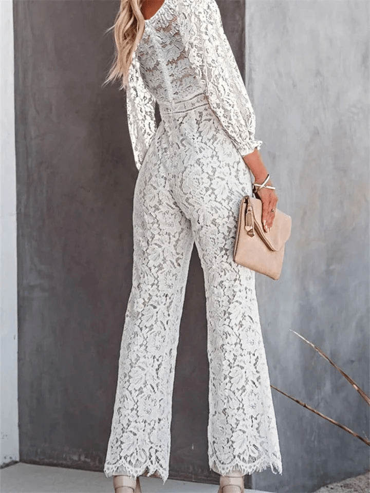 Stilla | Hvid Jumpsuit Med Hulblomster-mønster Og V-udskæring Dame Sæt