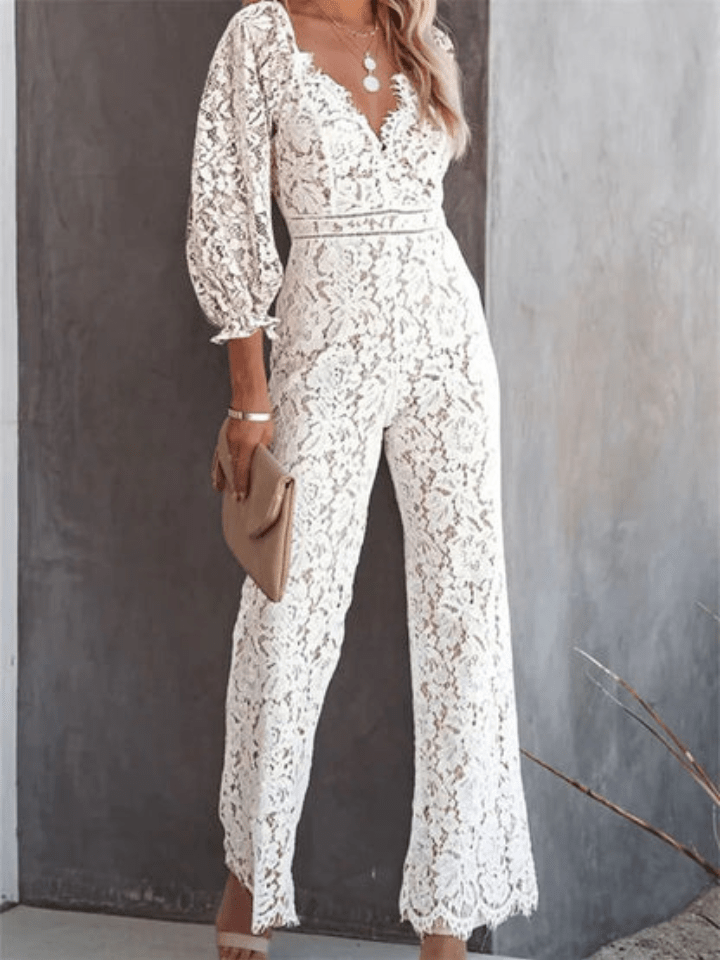 Stilla | Hvid Jumpsuit Med Hulblomster-mønster Og V-udskæring Dame Sæt