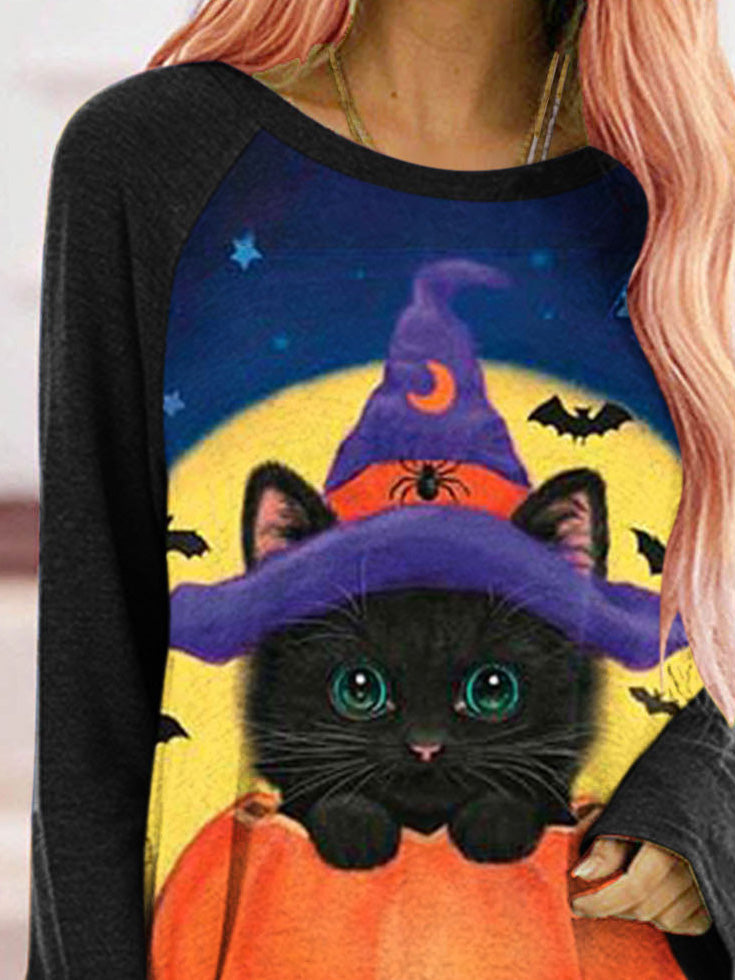 Stilla | Kvinder T-shirts Kat Græskar Print Rund Hals Langærmet T-shirt Online Hot Salg