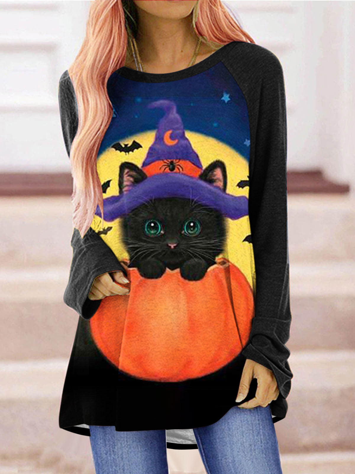 Stilla | Kvinder T-shirts Kat Græskar Print Rund Hals Langærmet T-shirt Online Hot Salg