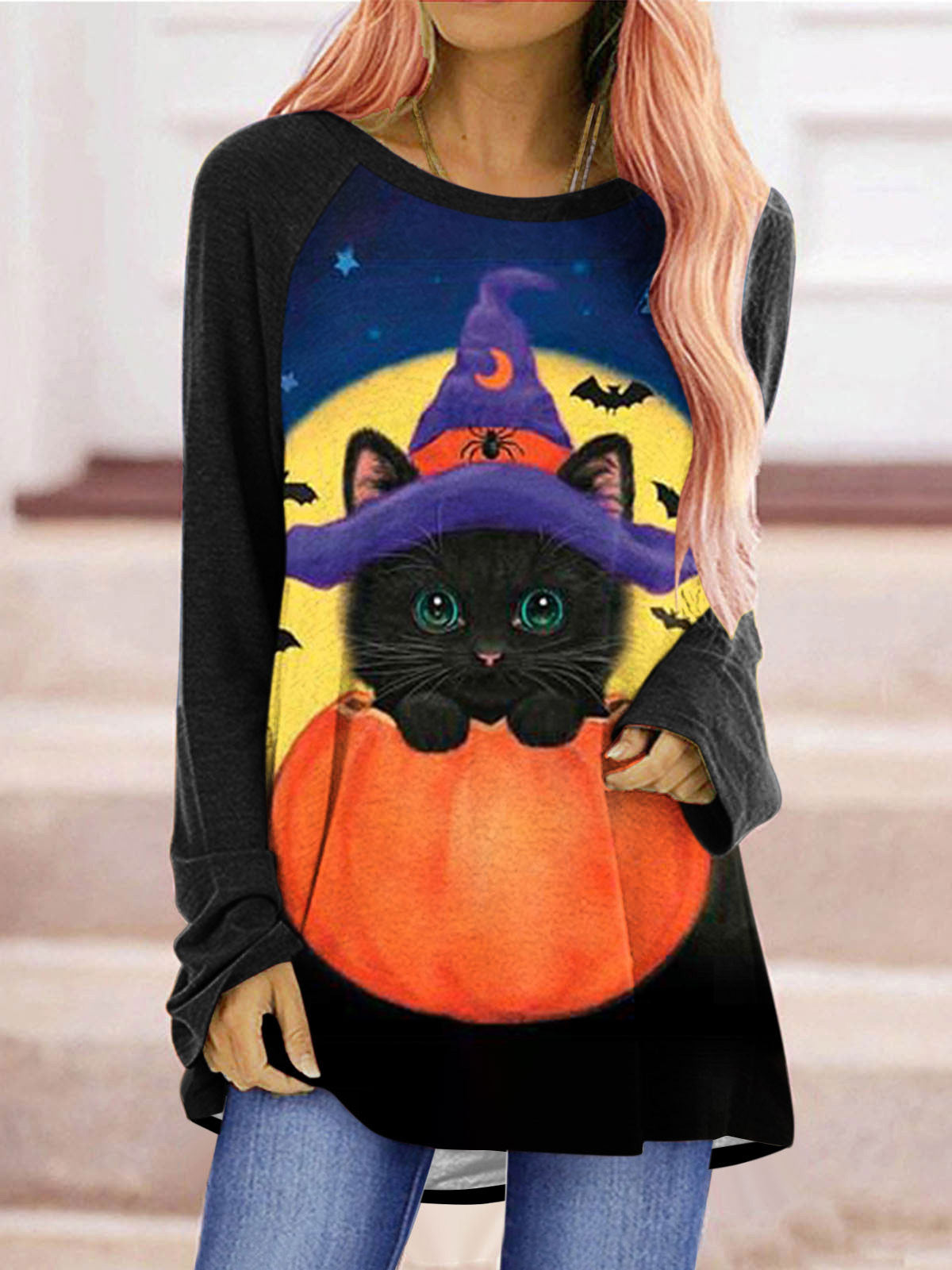 Stilla | Kvinder T-shirts Kat Græskar Print Rund Hals Langærmet T-shirt Online Hot Salg