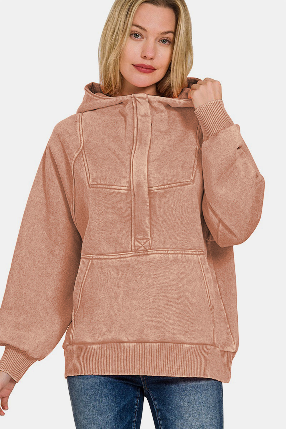 Stilla | Zenana Sweatjakke Med Kængurulomme Af Acid Vasket Fleece