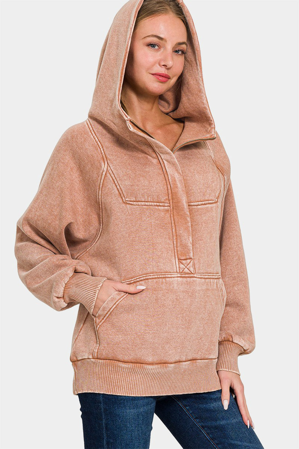 Stilla | Zenana Sweatjakke Med Kængurulomme Af Acid Vasket Fleece