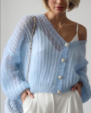 Stilla | Lyseblå Cardigan Med Perleknapper