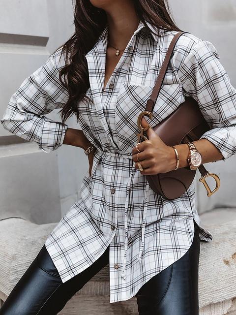 Stilla | Plaid Curve Hem Knap Op Skjorte
