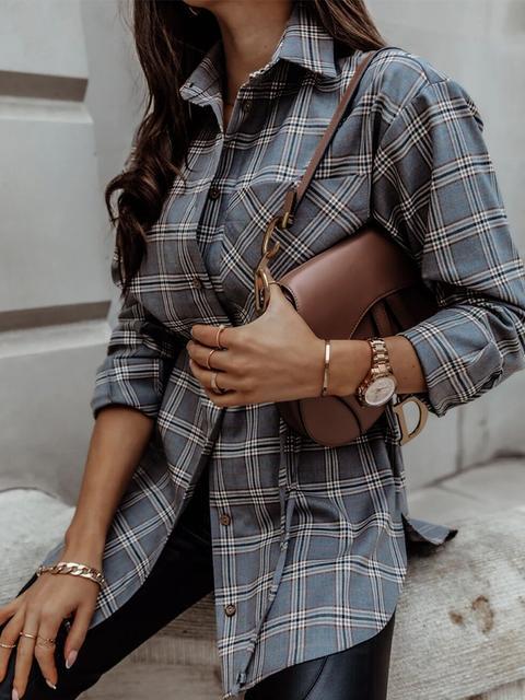 Stilla | Plaid Curve Hem Knap Op Skjorte
