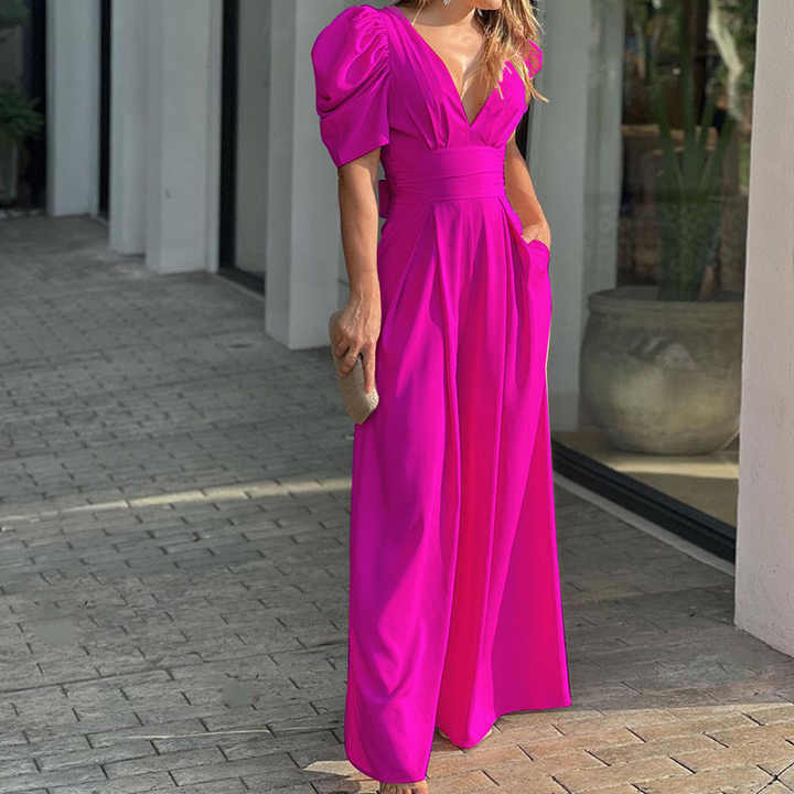 Stilla | Elegant V-hals Jumpsuit Med Puffærmer Til Stilfulde Kvinder Mode