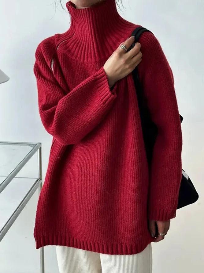 Stilla | Ensfarvet Rød Sweater Med Ståkrave Rabat