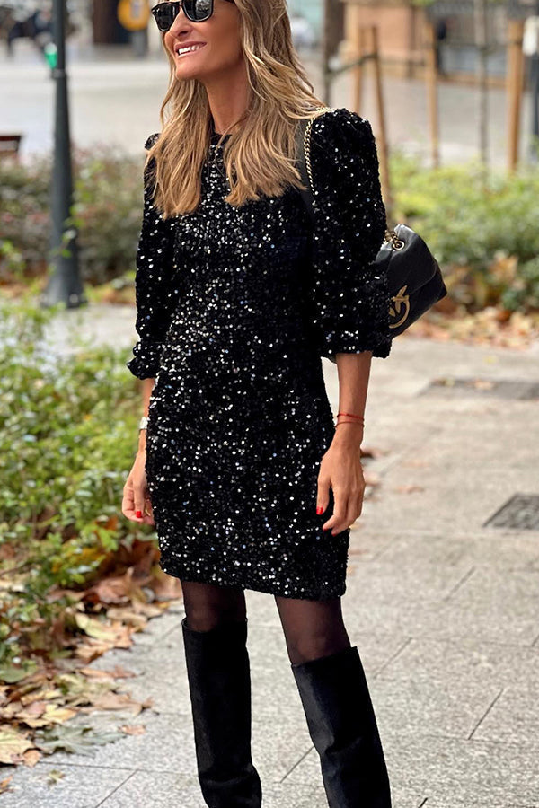 Stilla | All That Glitters Puffy Sleeves Pailletter Mini Kjole