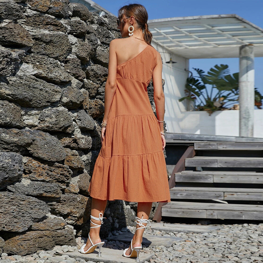 Stilla | Chic Ferie Asymmetrisk Skulder Orange Kjole