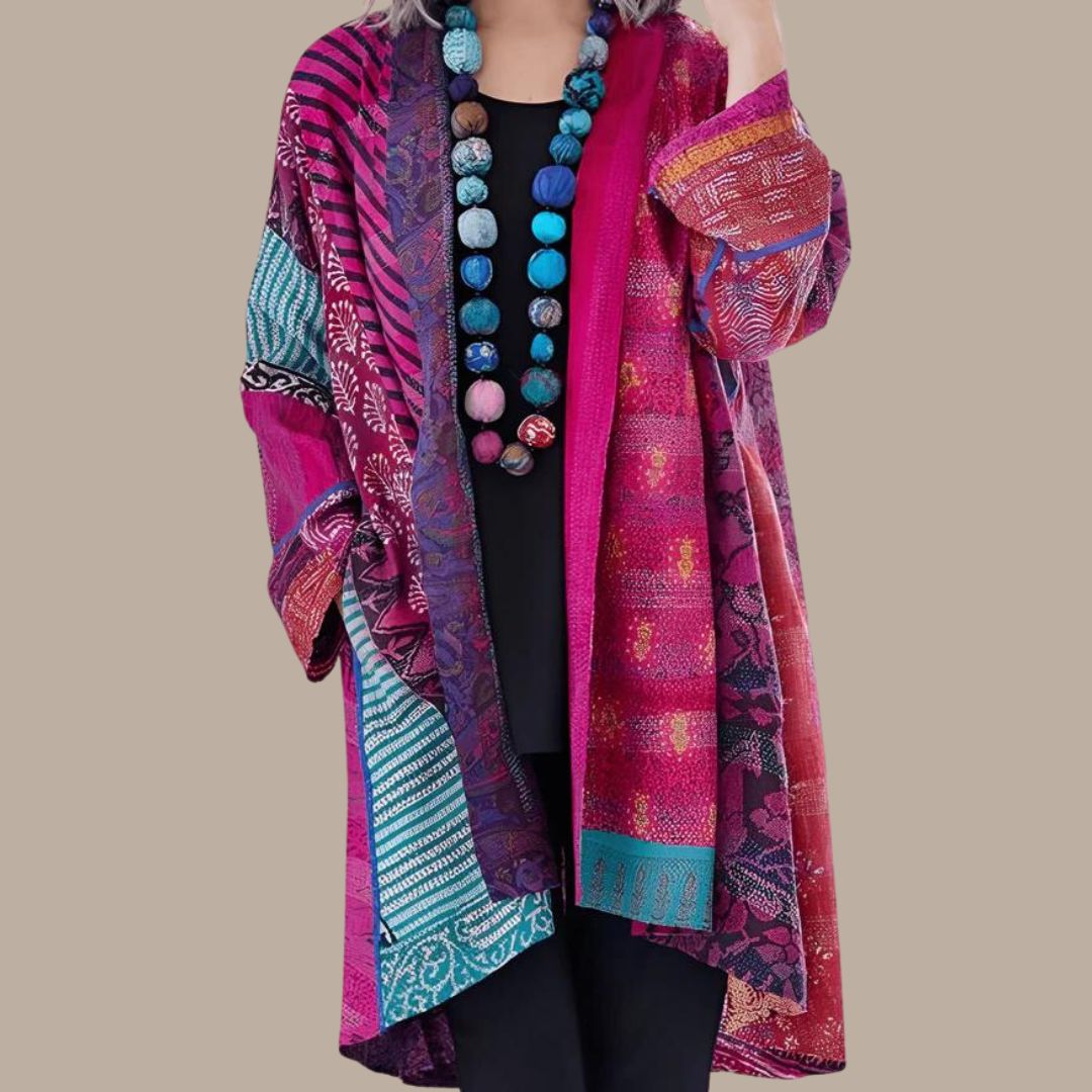 Stilla | Farverig Patchwork Kimono med Teksturerede Lag