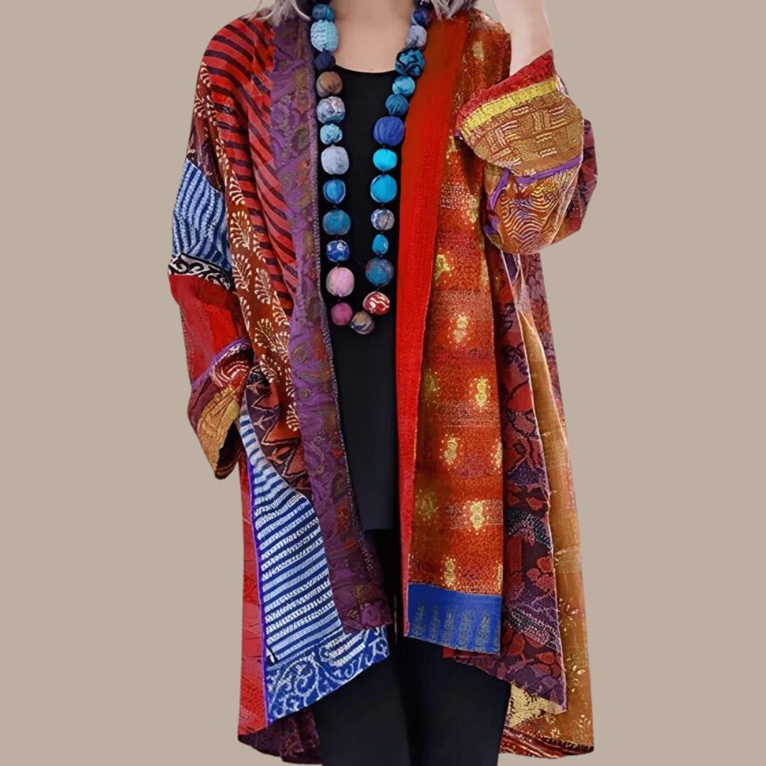 Stilla | Farverig Patchwork Kimono med Teksturerede Lag