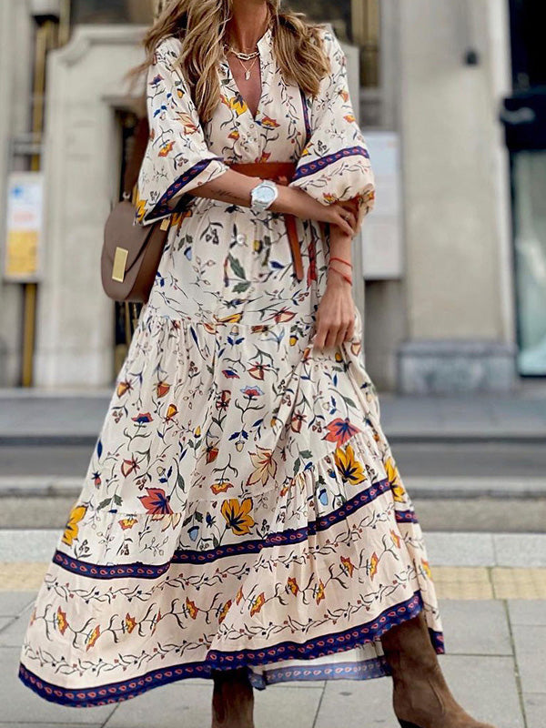 Stilla | Hvid Enkel Og Casual Boheme Blomsterprint Enkelt Maxi Graviditetskjoler