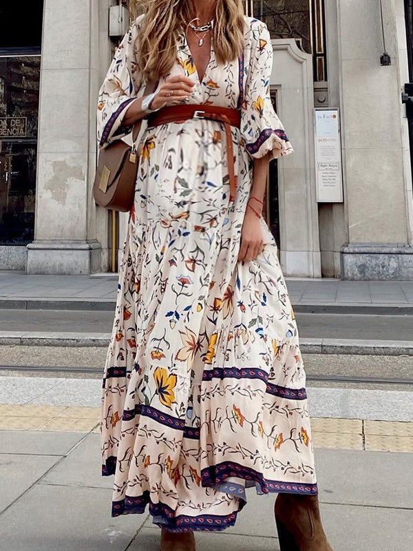 Stilla | Hvid Enkel Og Casual Boheme Blomsterprint Enkelt Maxi Graviditetskjoler