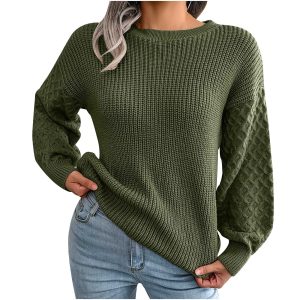 Stilla | Pullover med lange ærmer og rund halsudskæring til damer, bred, afslappet, farvet, strikket, olivengrøn