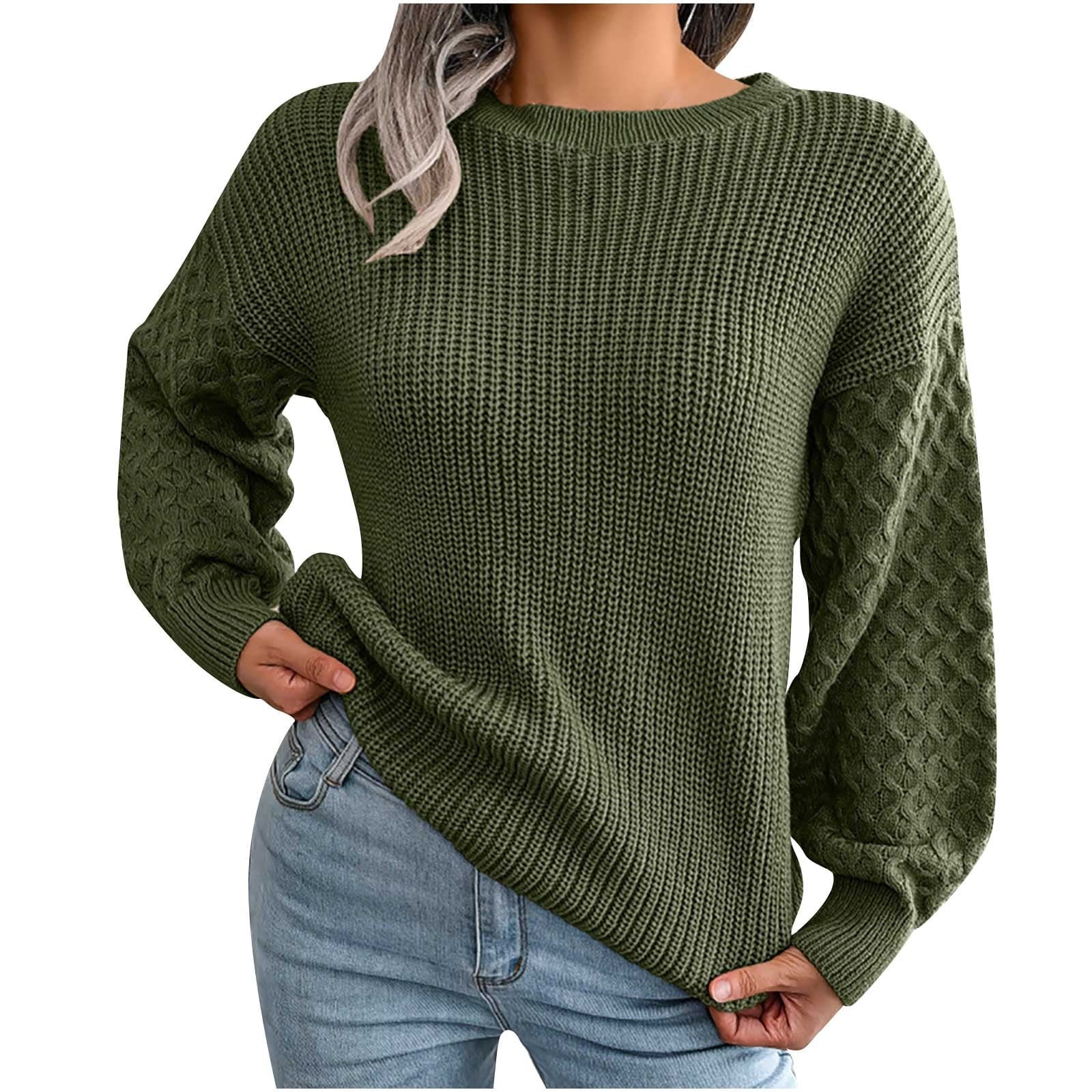 Stilla | Pullover med lange ærmer og rund halsudskæring til damer, bred, afslappet, farvet, strikket, olivengrøn