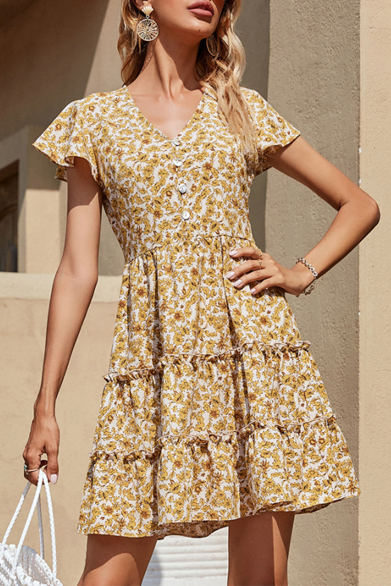 Stilla | Mode Elegant Floral Spænde Flæse V-hals A-linje Kjoler