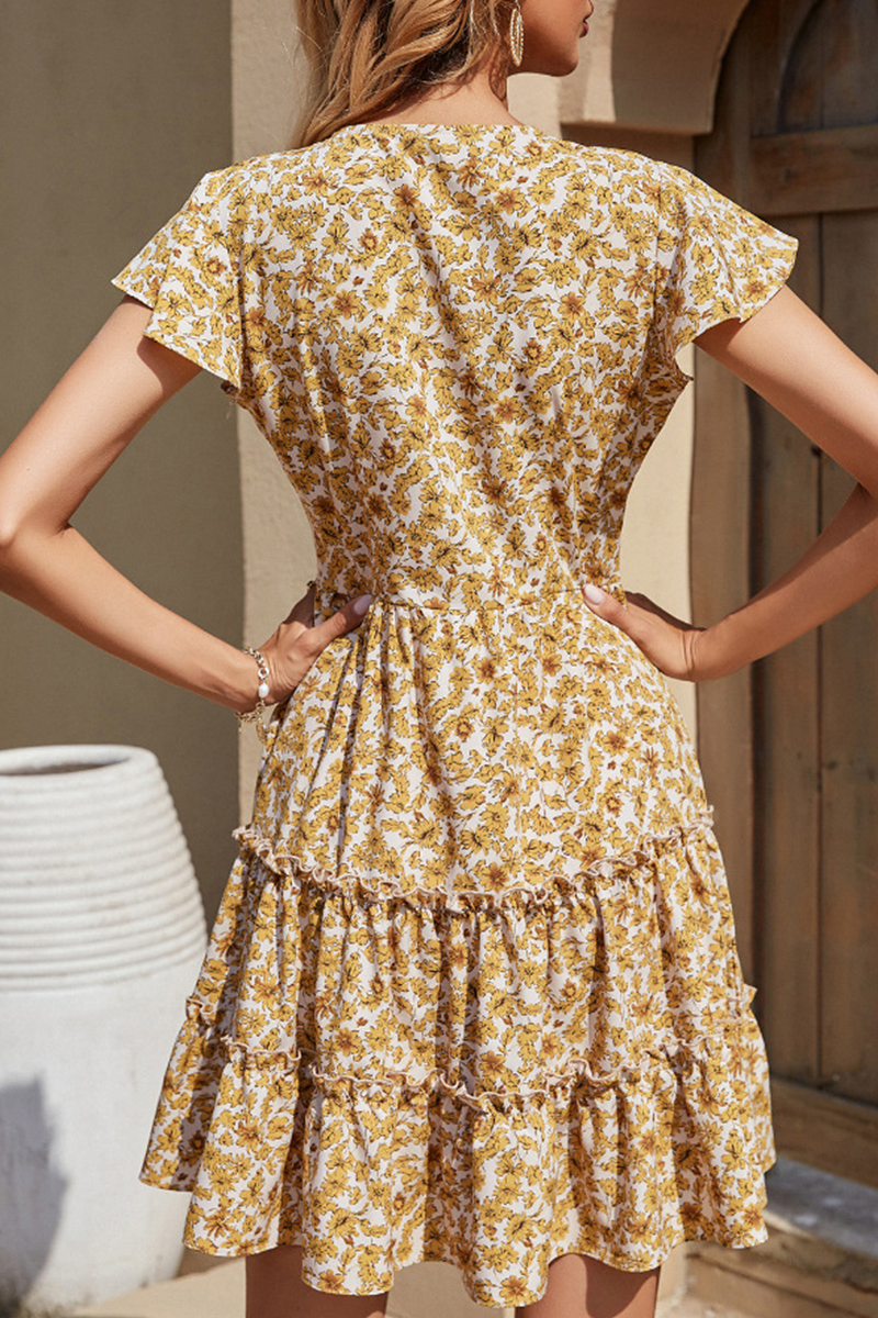 Stilla | Mode Elegant Floral Spænde Flæse V-hals A-linje Kjoler