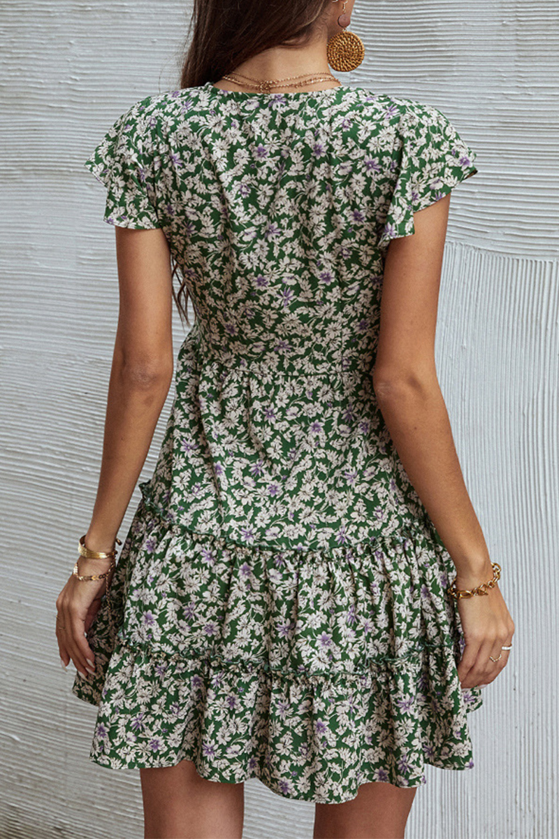 Stilla | Mode Elegant Floral Spænde Flæse V-hals A-linje Kjoler