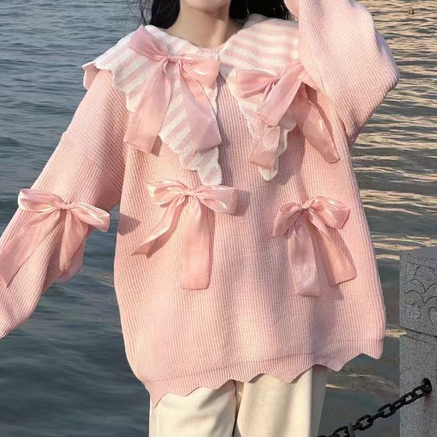 Stilla | Stribet Babykrave Sløjfe Løs Pink Pullover Levere