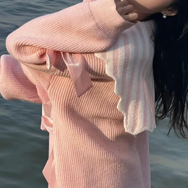 Stilla | Stribet Babykrave Sløjfe Løs Pink Pullover Levere