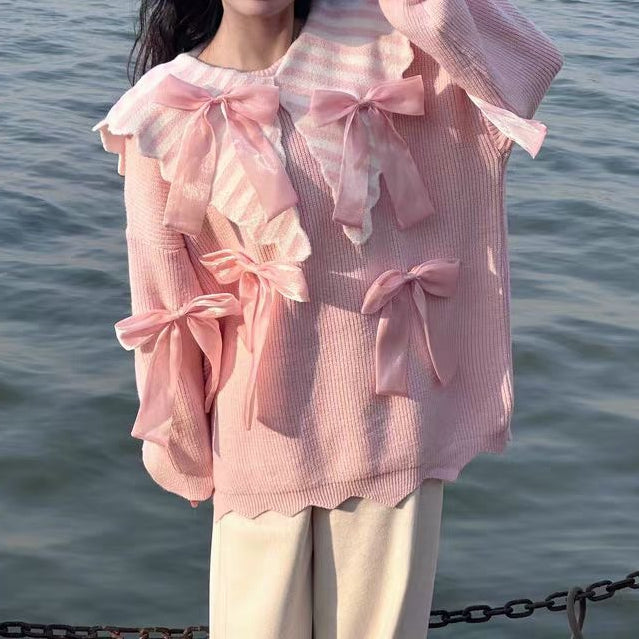 Stilla | Stribet Babykrave Sløjfe Løs Pink Pullover Levere