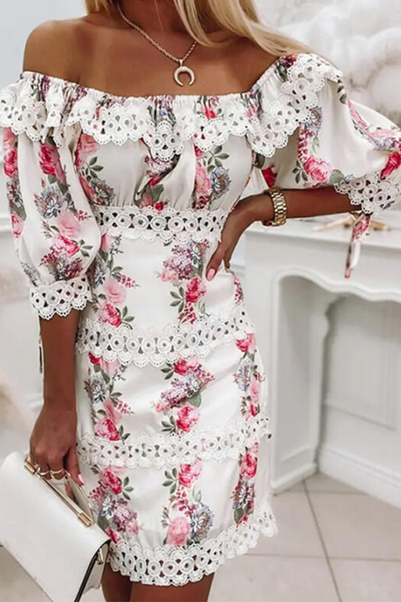Stilla | Mode Print Split Joint Off Shoulder Kage Nederdele Kjoler Hot på udsalg