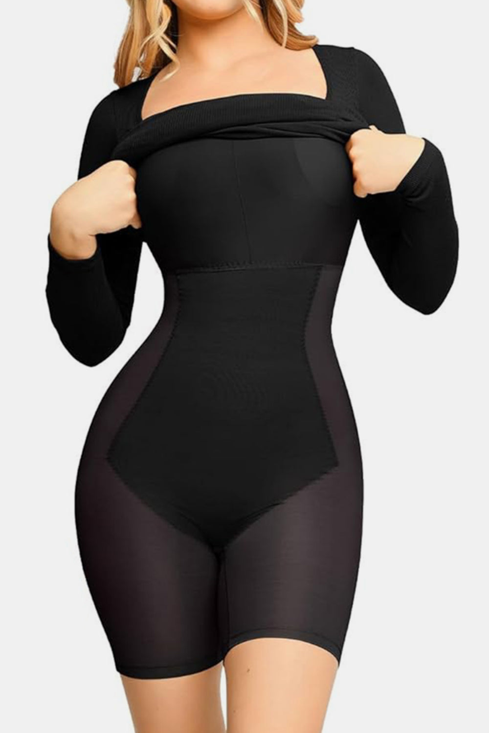 Stilla | Bae Full Size Indbygget Shapewear Square Neck Langærmet Kjole