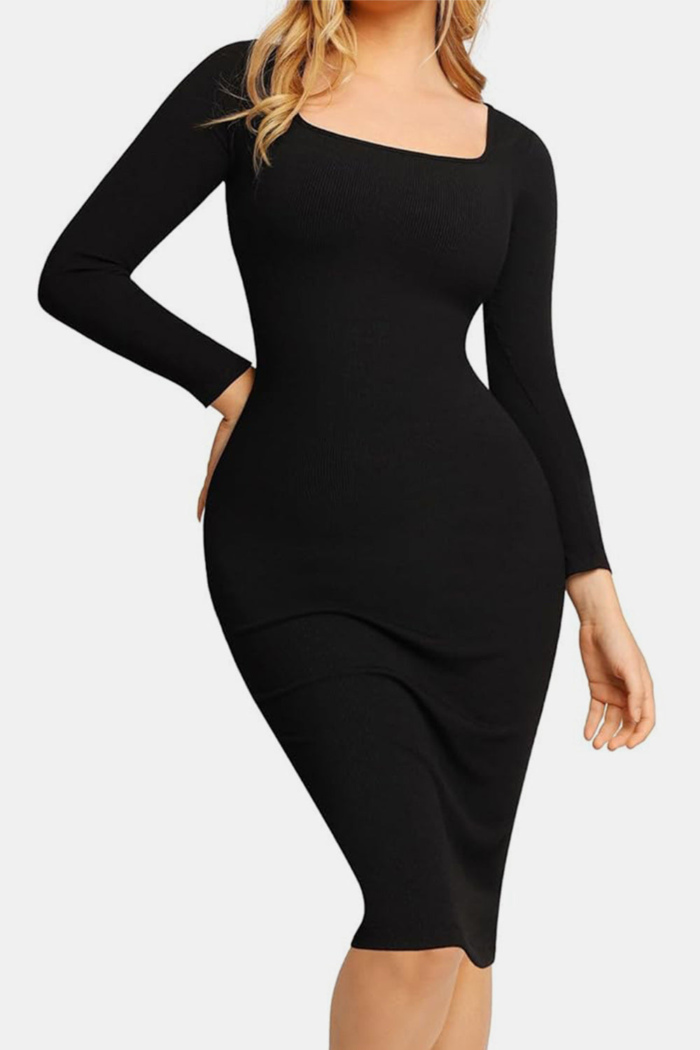 Stilla | Bae Full Size Indbygget Shapewear Square Neck Langærmet Kjole