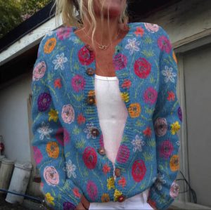 Stilla | Blå Blomstret Print Strikketrøje