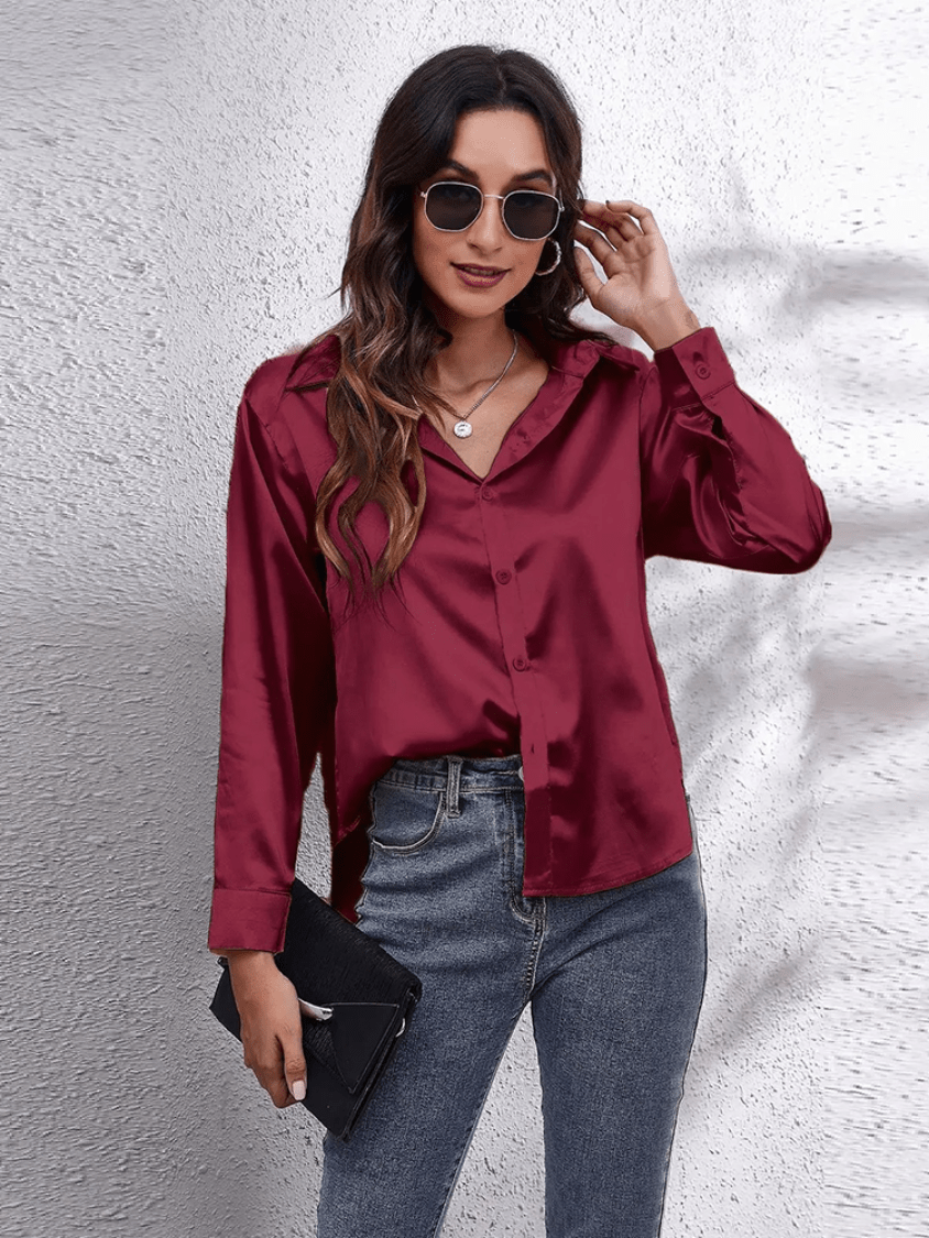 Stilla | Satin Dame Skjorte Elegant Satin Bluse Med Lange Ærmer