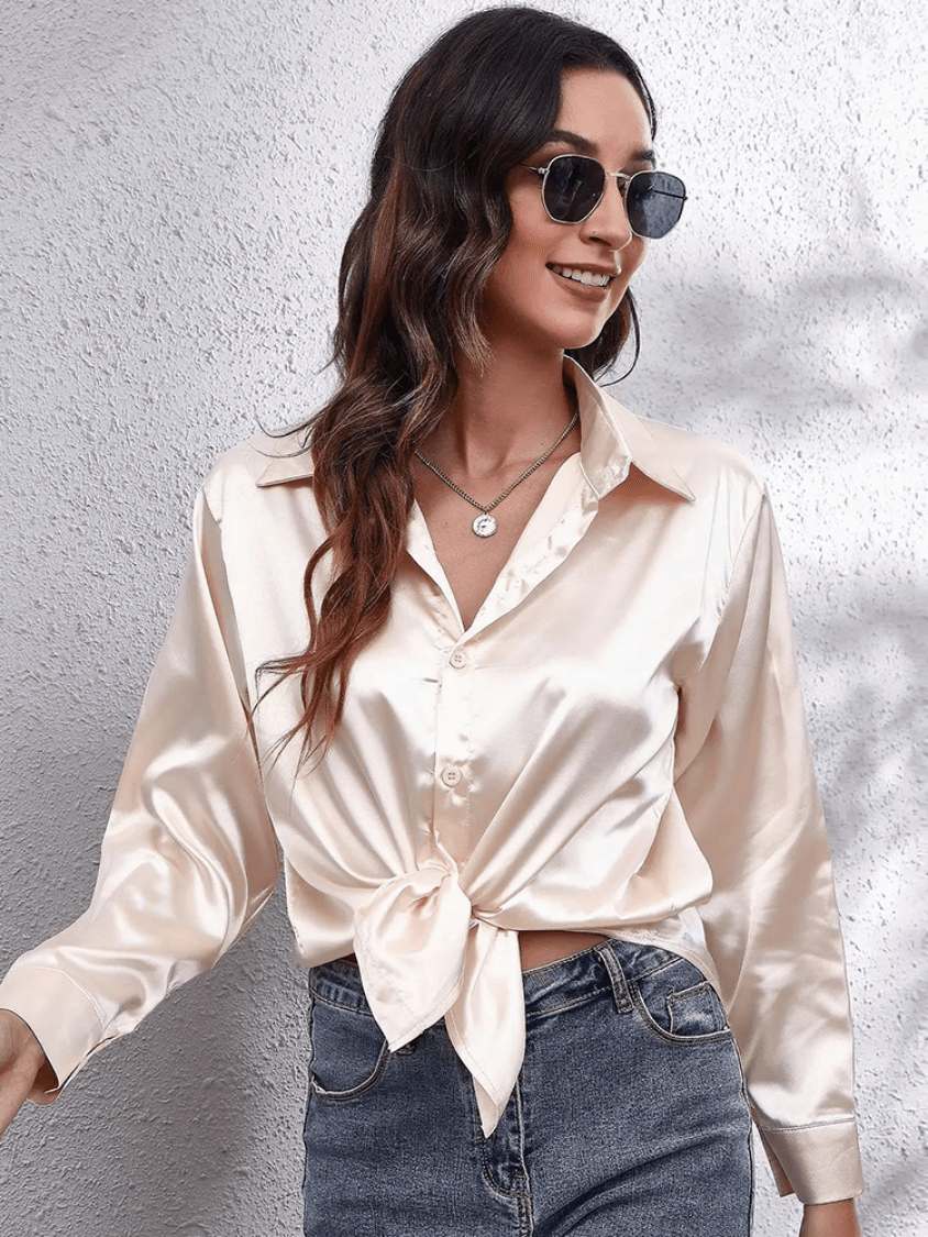 Stilla | Satin Dame Skjorte Elegant Satin Bluse Med Lange Ærmer