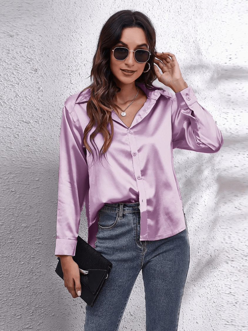 Stilla | Satin Dame Skjorte Elegant Satin Bluse Med Lange Ærmer