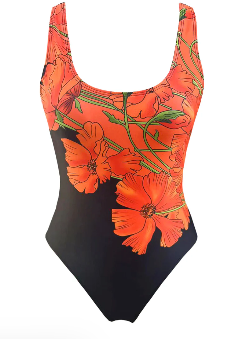 Stilla | Sort Badedragt Med Orange Blomsterprint