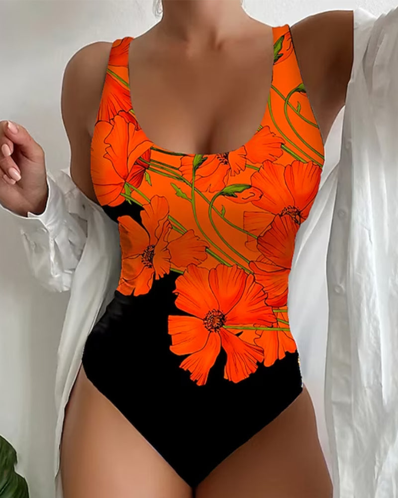 Stilla | Sort Badedragt Med Orange Blomsterprint