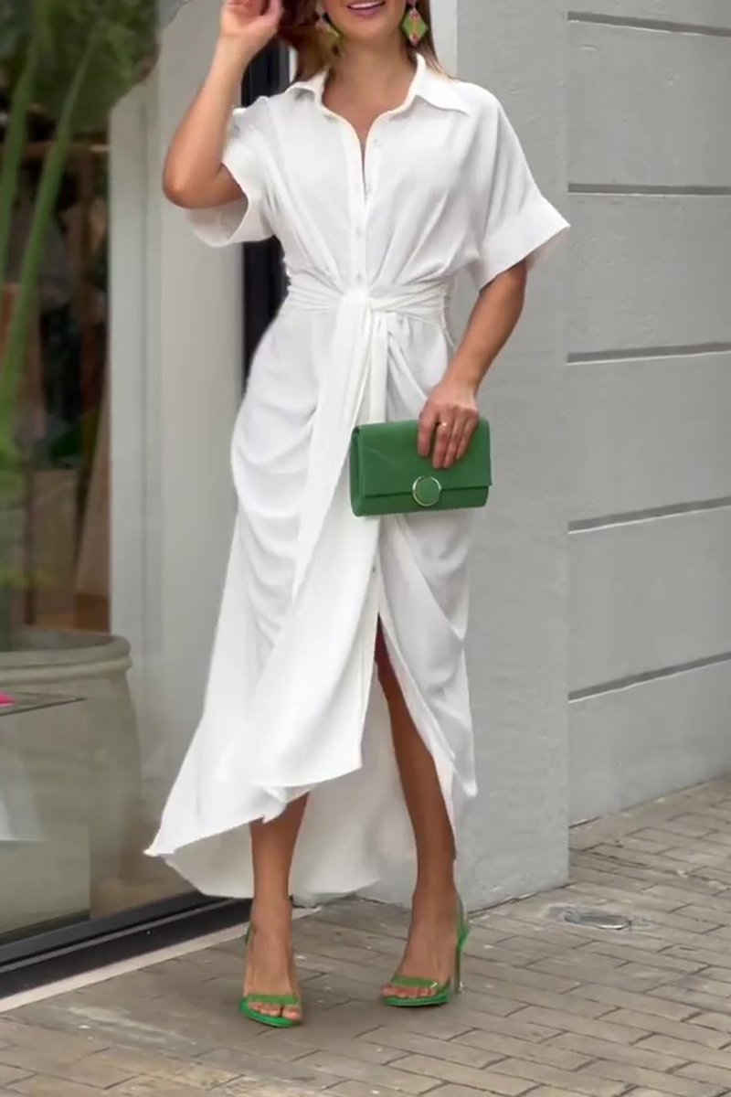 Stilla | Afslappet Solid Patchwork Turndown Collar Skjorte Kjole Kjoler Online Hot Salg