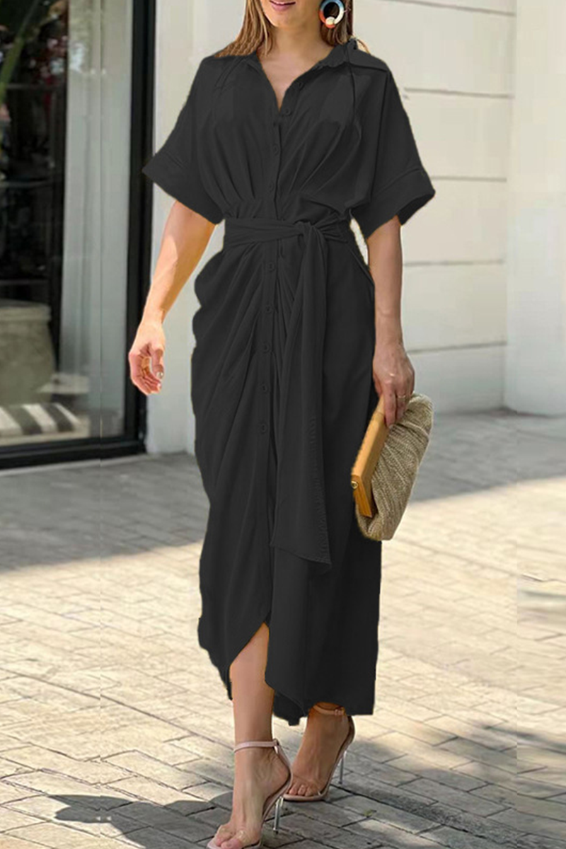 Stilla | Afslappet Solid Patchwork Turndown Collar Skjorte Kjole Kjoler Online Hot Salg