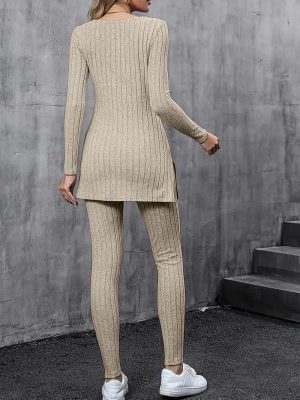 Stilla | Ribstrikket Sæt Langærmet Tunika Med Side Slidser Tætsiddende Leggings Online