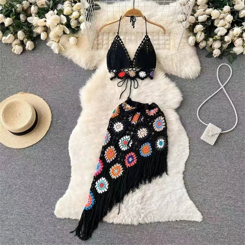 Stilla | Kvinder 2 Delt Outfit Sæt Boho Huludskæring Hæklet Strik Halterneck Bh Top Og Asymmetrisk Frynsæt Mini Nederdel Strand Cover up Online nu