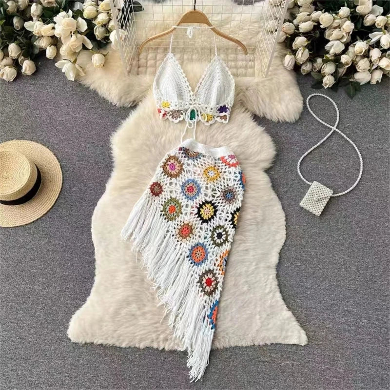Stilla | Kvinder 2 Delt Outfit Sæt Boho Huludskæring Hæklet Strik Halterneck Bh Top Og Asymmetrisk Frynsæt Mini Nederdel Strand Cover up Online nu