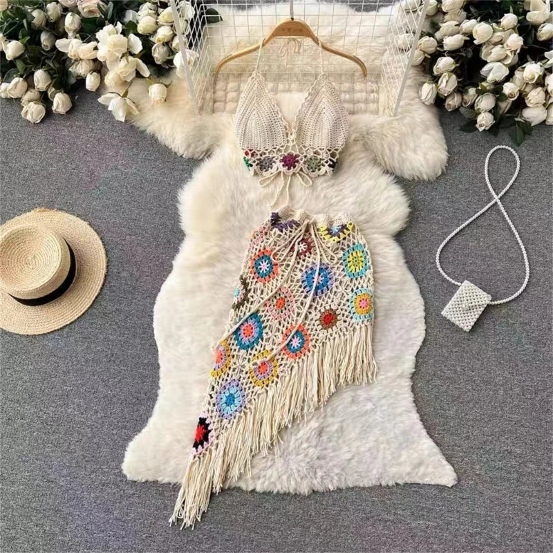 Stilla | Kvinder 2 Delt Outfit Sæt Boho Huludskæring Hæklet Strik Halterneck Bh Top Og Asymmetrisk Frynsæt Mini Nederdel Strand Cover up Online nu