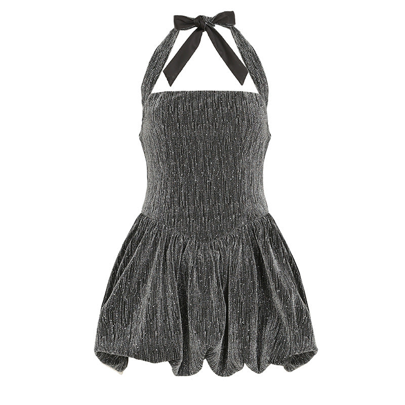 Stilla | Lys Silke Tynd Glitrende Halter Kjole Tube Til Toppen Indsnævret Talje A-linje Puffy Puffy Kjole