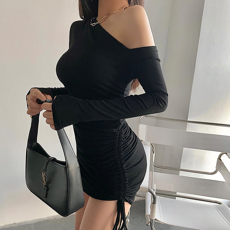 Stilla | Off Shoulder Bodycon Snøre Plisseret Langærmet Kjole