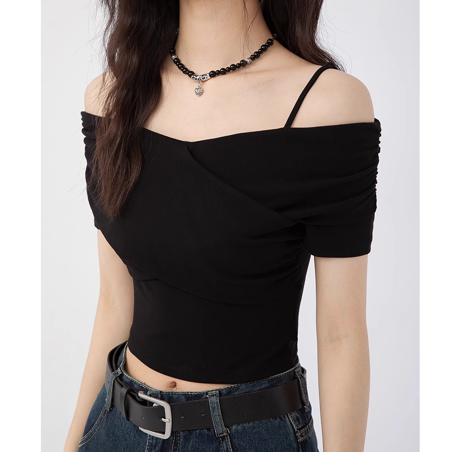 Stilla | Off Shoulder Ensfarvet Korte Ærmer Slim Fit T-Shirt