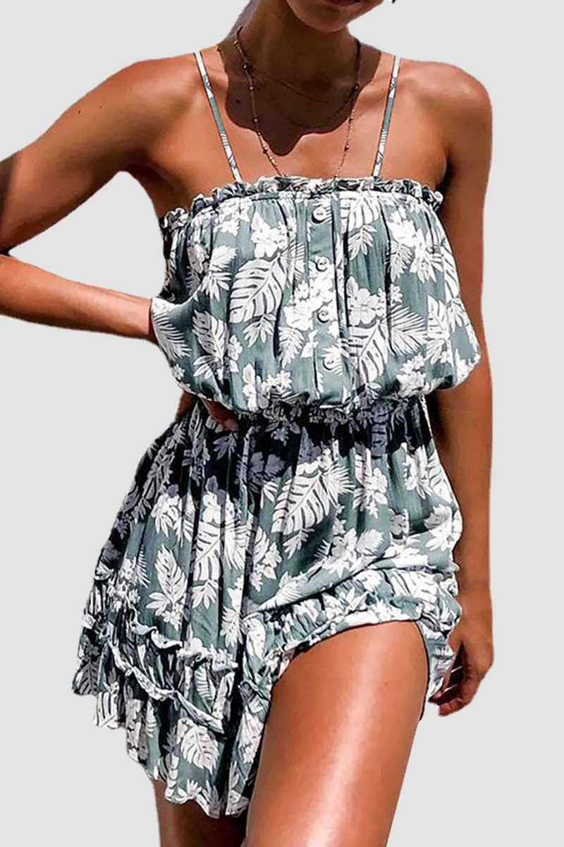 Stilla | Afslappet Floral Spænde Flounce Spaghetti Strap Talje Nederdele Kjoler Online salg