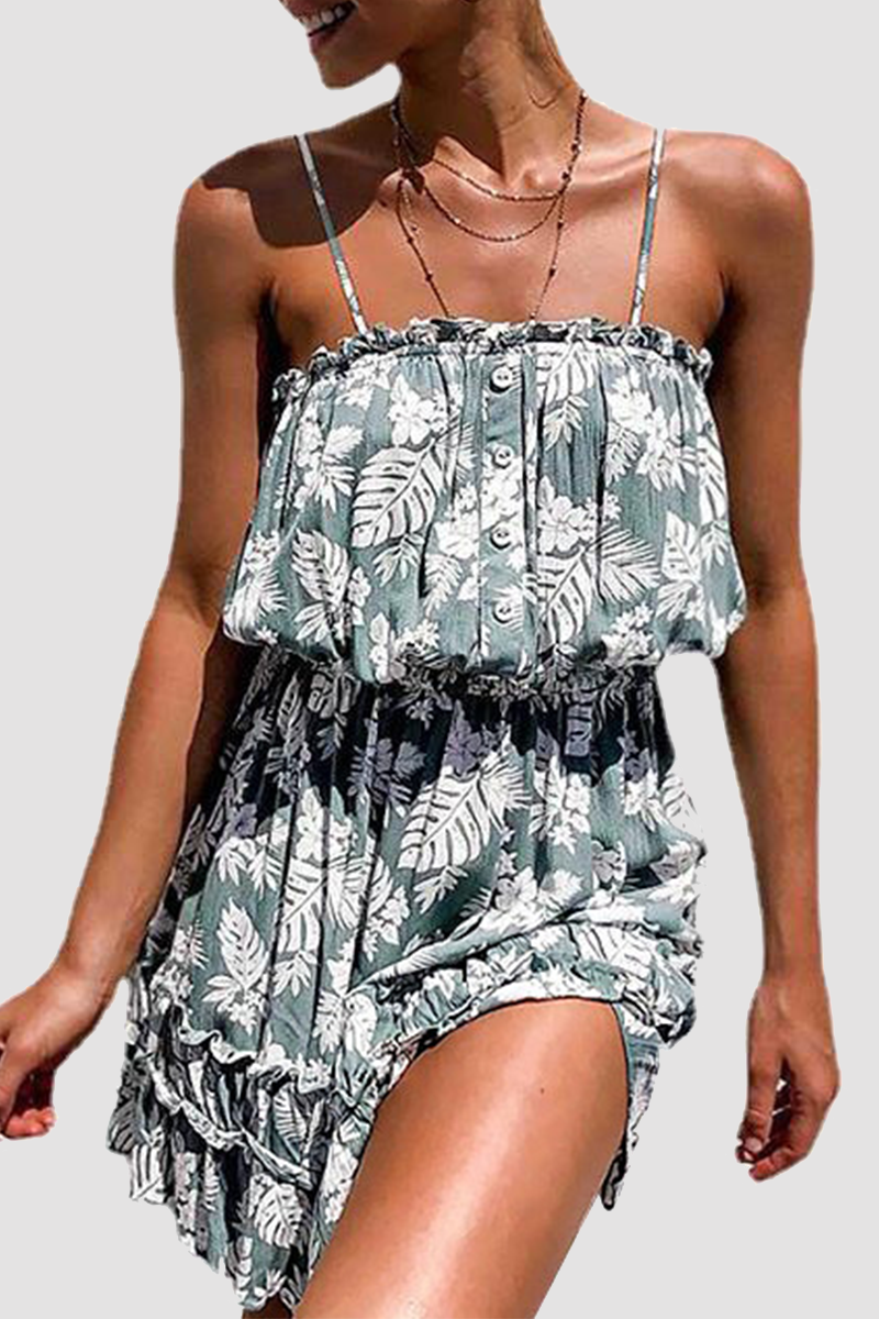 Stilla | Afslappet Floral Spænde Flounce Spaghetti Strap Talje Nederdele Kjoler Online salg