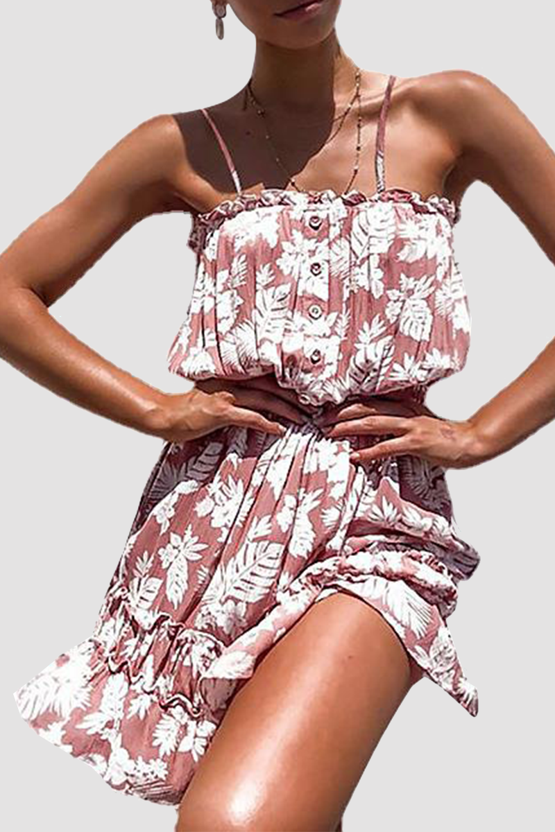 Stilla | Afslappet Floral Spænde Flounce Spaghetti Strap Talje Nederdele Kjoler Online salg