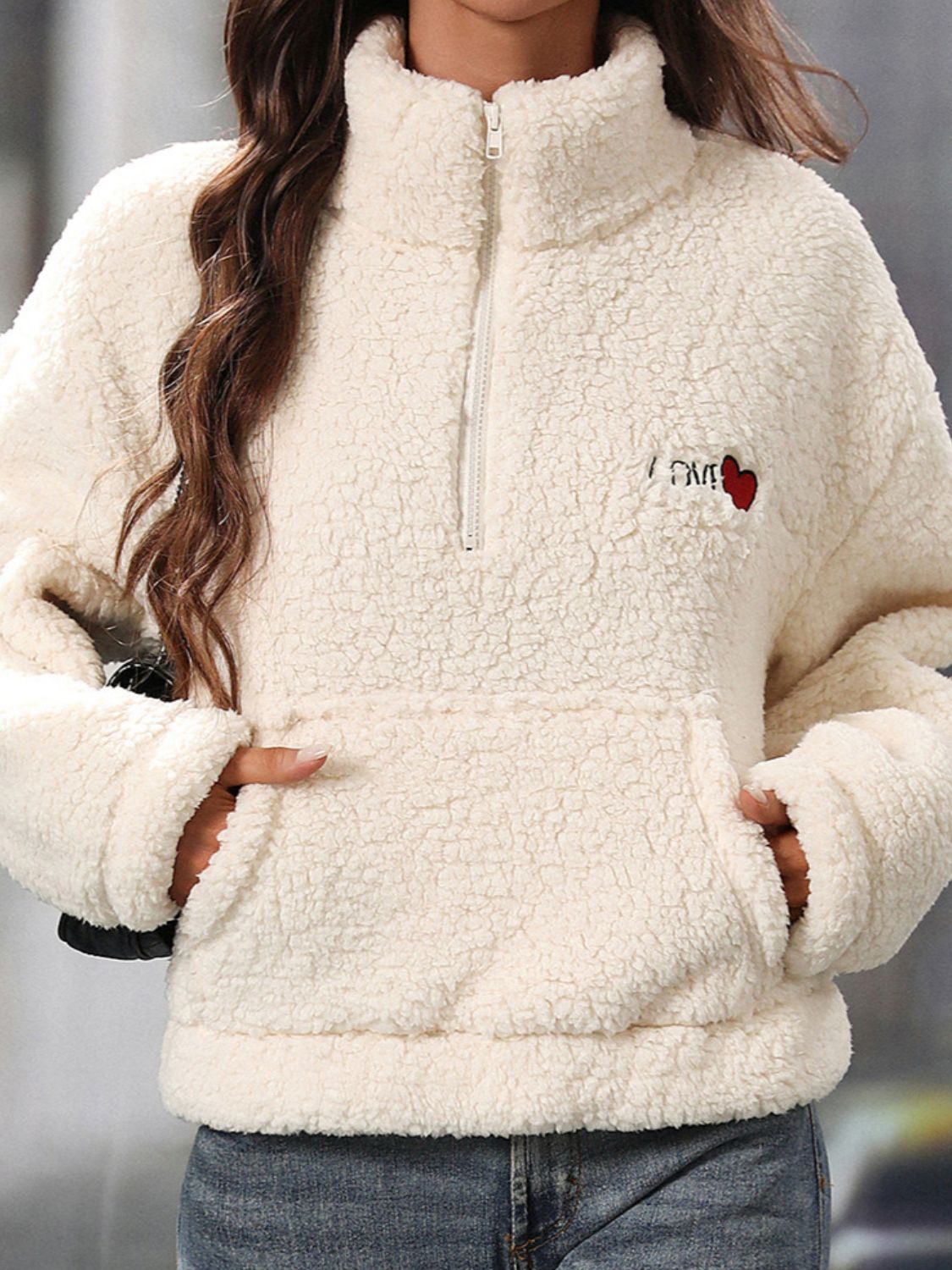 Stilla | Hjerte Halv-Zip Langærmet Teddy Sweatshirt Online Hot Salg