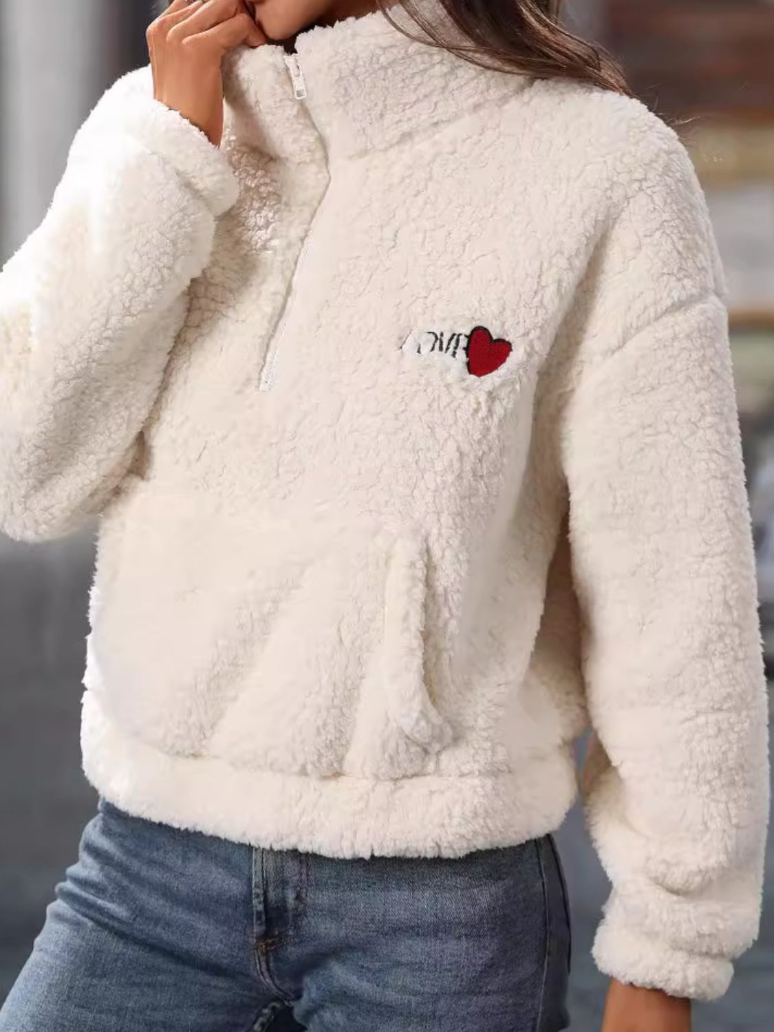 Stilla | Hjerte Halv-Zip Langærmet Teddy Sweatshirt Online Hot Salg